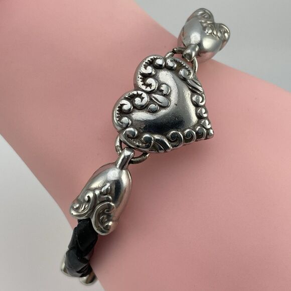 Vintage Retired Brighton Silver Tone Heart Braided Black Cord Love Bracelet - Picture 2 of 5